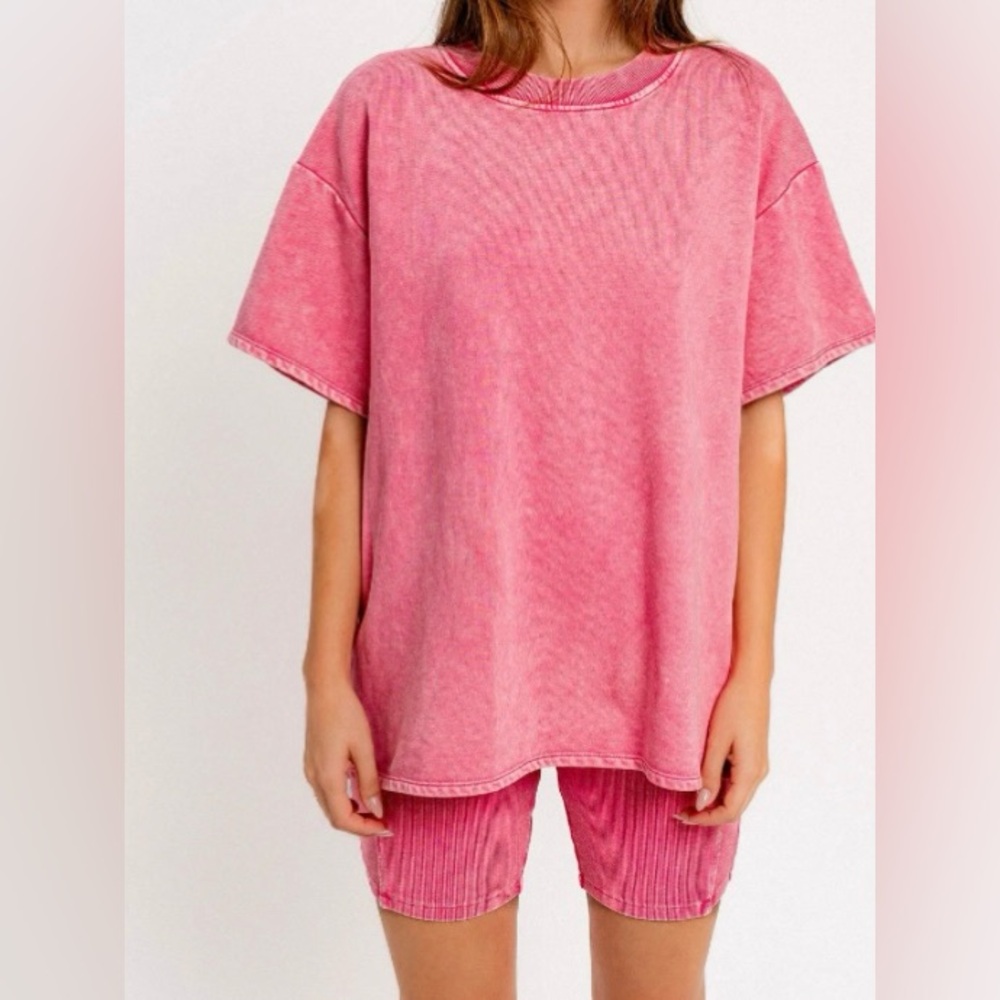 Short Sleeve Crew Neck Washed Oversized Basic Tunic Top